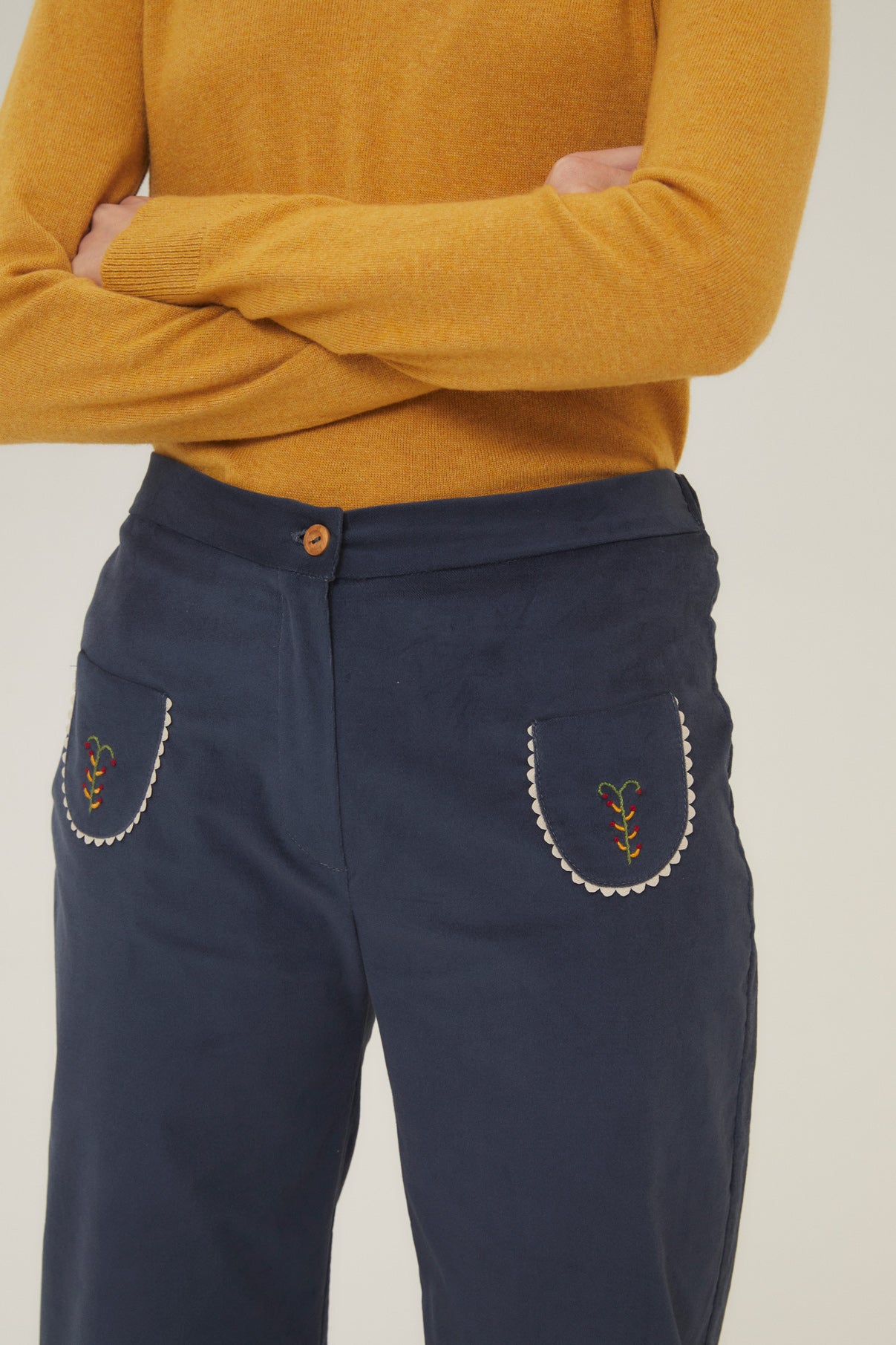 WOMAN COBALT BLUE VELVET EMBROIDERED BELL BOTTOM PANTS